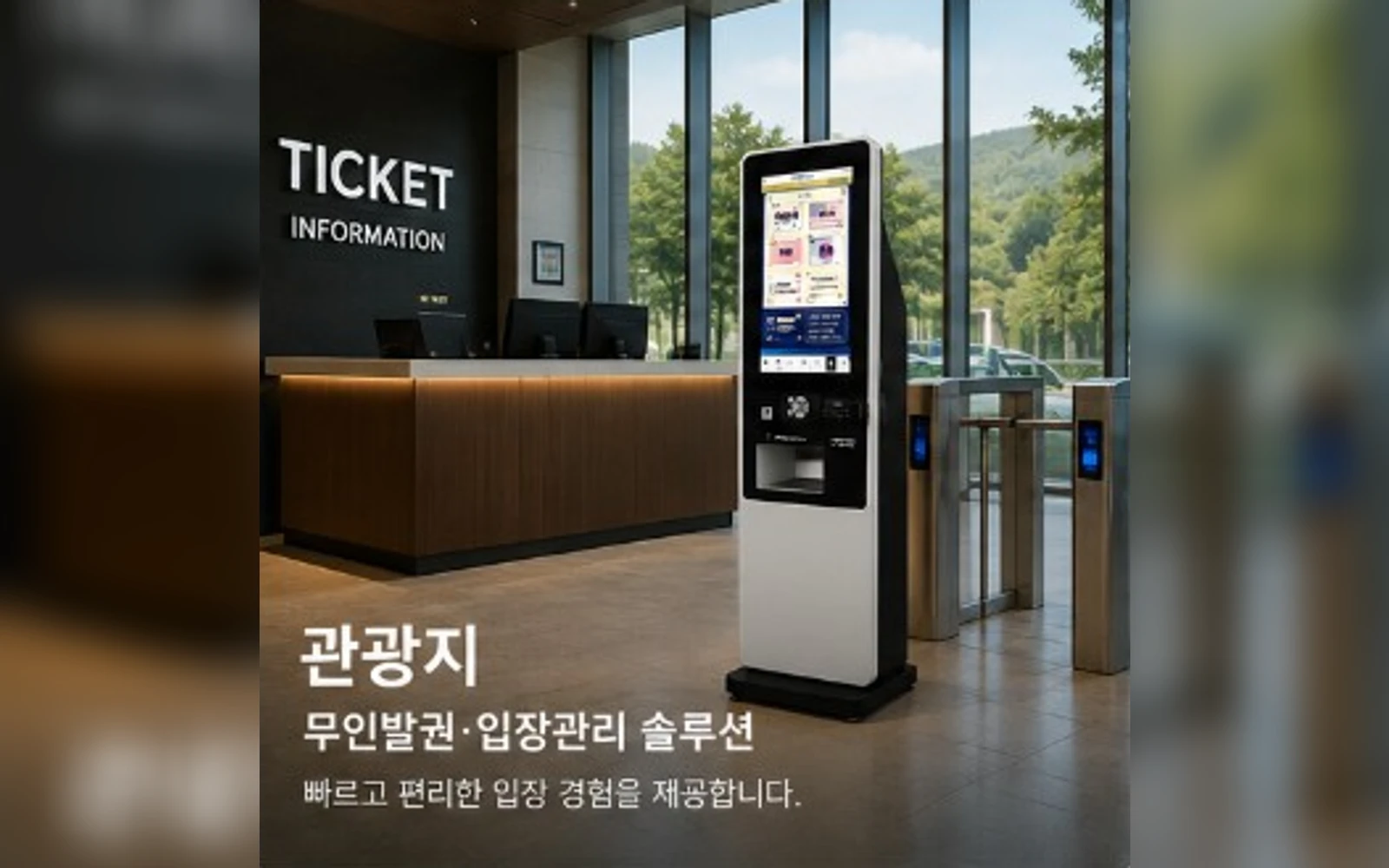 TicketBNK 주력 무인발권 키오스크와 관광지 입장 게이트 운영 예시