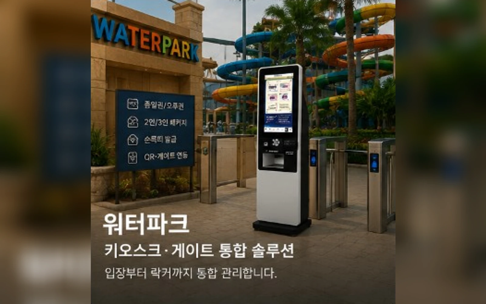 TicketBNK 주력 무인발권 키오스크와 워터파크 출입 게이트 운영 예시